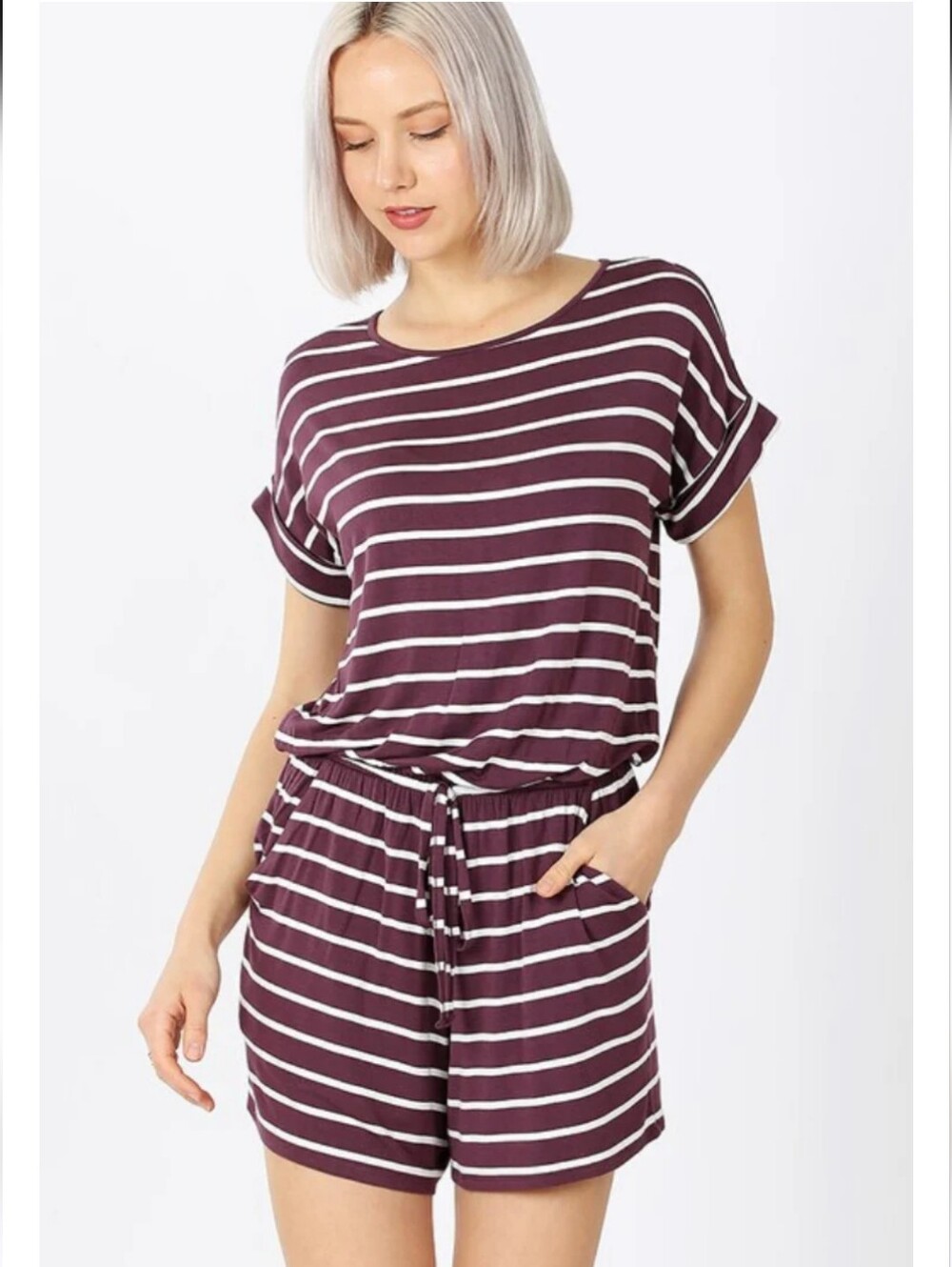 Rae Mode Maroon Stripe Shorts Romper Size M Short Sleeve Drawstring Waist